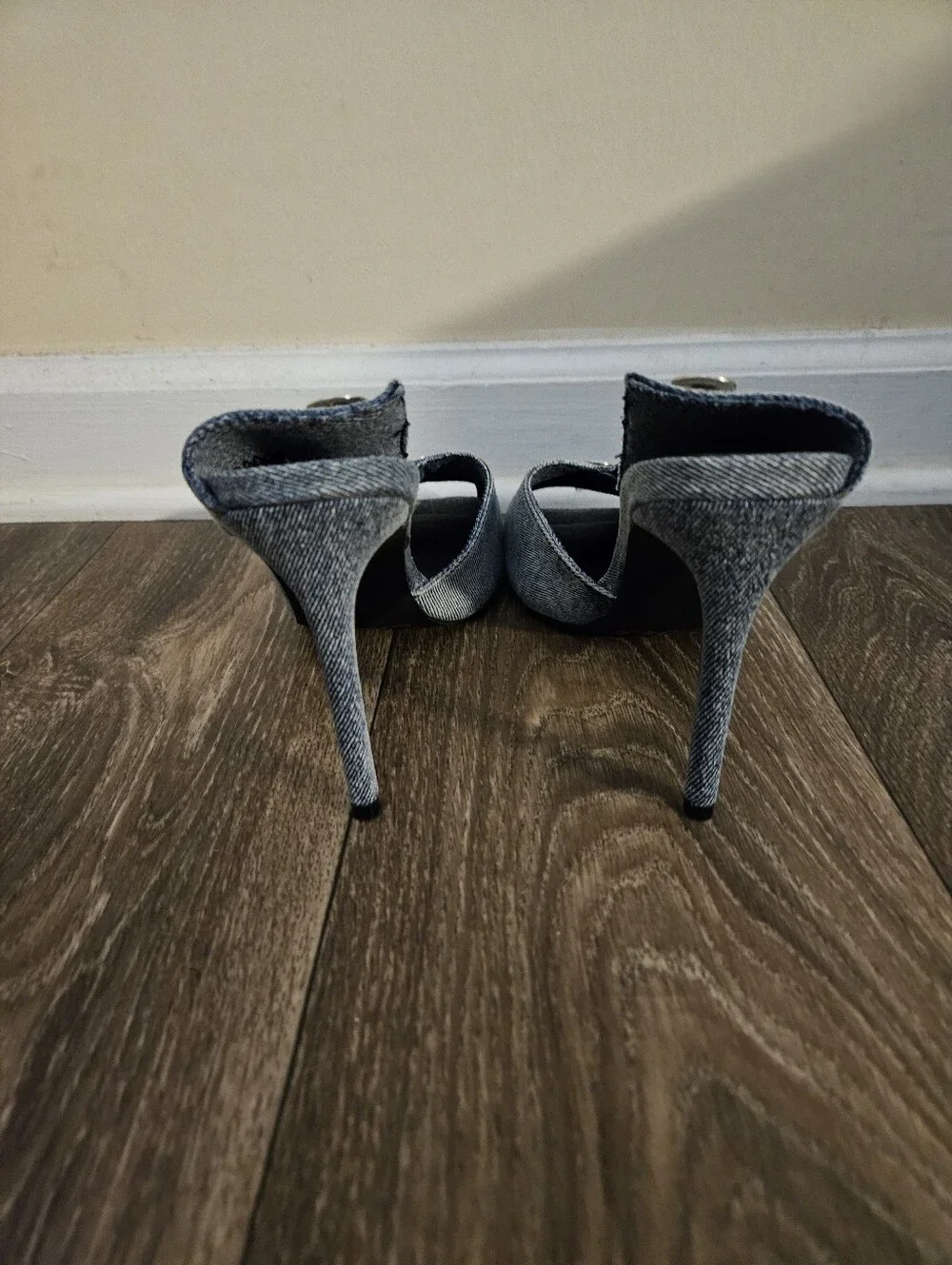 Fashion Nova Denim Button Peep-Toe Heels - Blue, Size 10